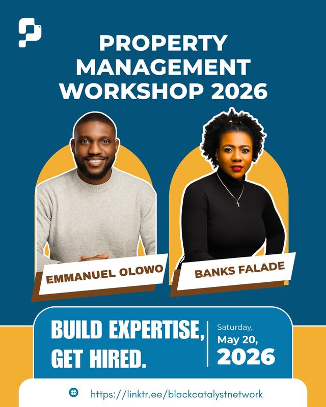 Flyer: Property management workshop, with Emmanuel Olowo and Banks Falade, May 20, 2026