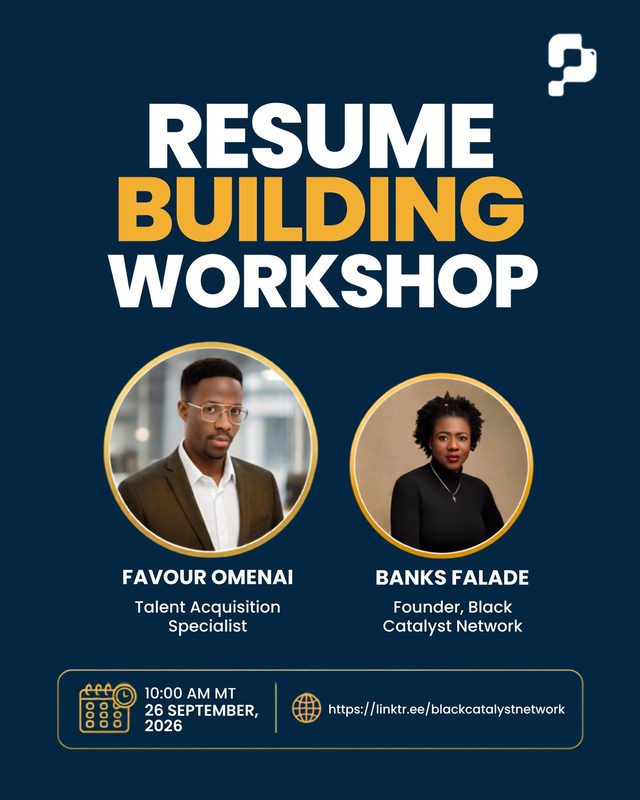 Flyer: Resume building workshop, with Favour Omenai and Banks Falade, September 26, 2026